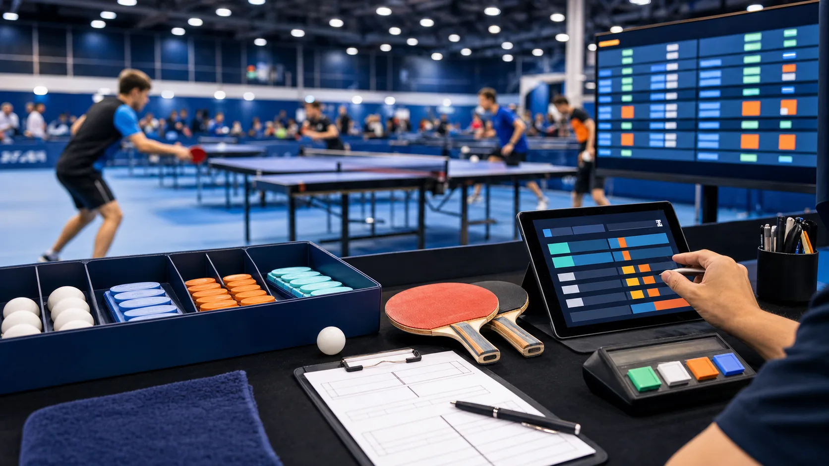 Tischtennis-Turniertag mit aktiven Spielen, Tischsteuerung und abstrakter Ergebnisuebersicht