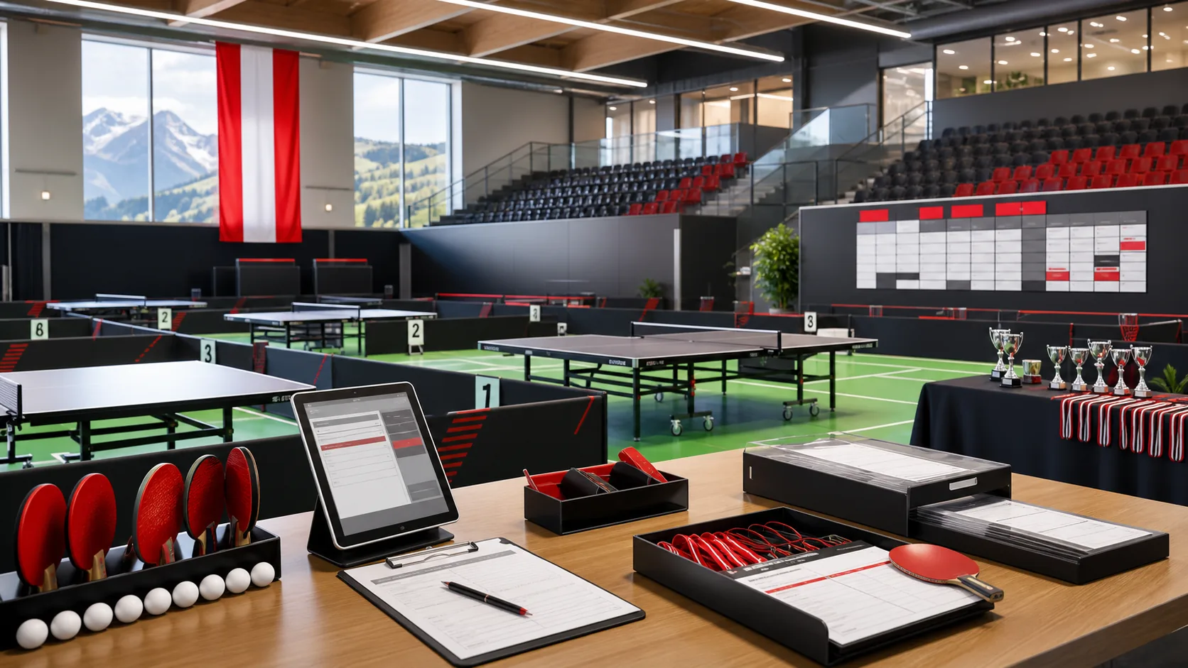 Tischtennis-Halle mit vorbereiteten Tischen, Meldestelle, Spielblaettern und Pokalen fuer ein Vereinsturnier