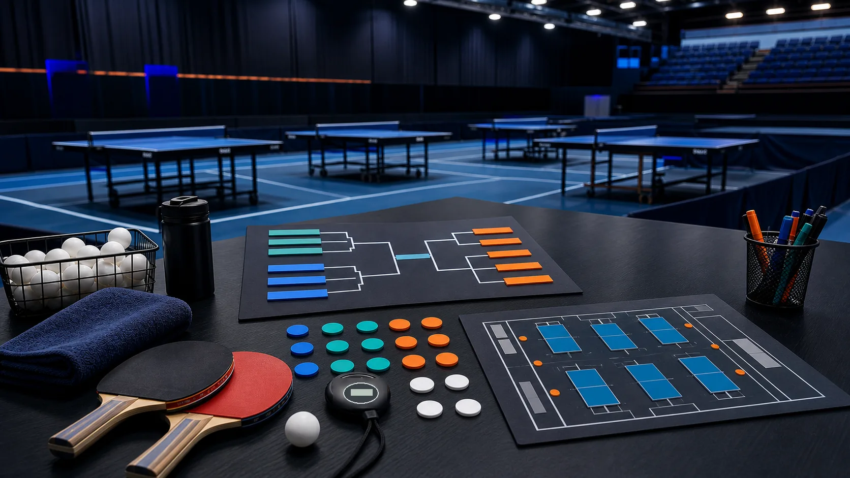 Tischtennis-Turnierplanung mit Hallenplan, Kategorien-Markern und Tischen in einer Sporthalle