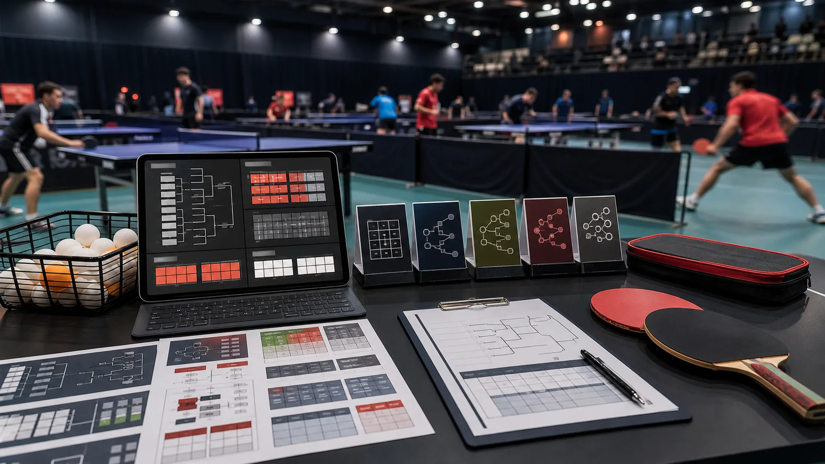 Tischtennis-Turniertisch mit abstrakten Raster-, Gruppen- und Schweizer-System-Uebersichten in einer Sporthalle