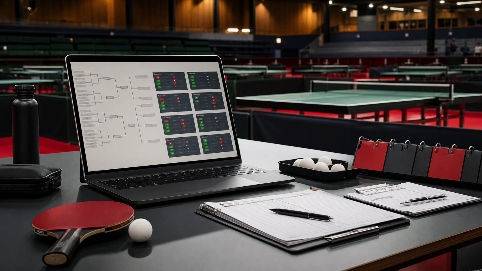 Tischtennis-Turniertisch mit Laptop, abstraktem Turnierraster, Spielblaettern und Tischen in der Halle